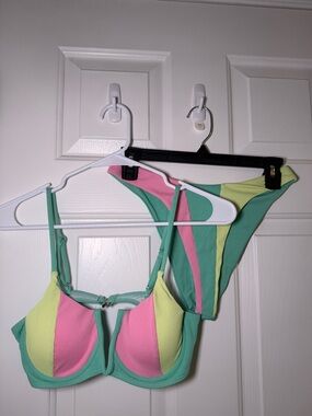 SHEIN Green Pink Yellow Colorblock Ribbed Bikini Set